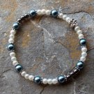[024] Elastic Blue and White 7" Glass Pearl Bracelet