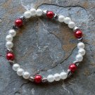 [030] Elastic Red and White 6.75" Glass Pearl Bracelet