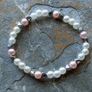 [031] Elastic Pink and White 6.75" Glass Pearl Bracelet