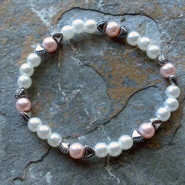 [031] Elastic Pink and White 6.75" Glass Pearl Bracelet