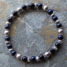 [050] Elastic Blue and Silver 7.25" Glass Pearl Bracelet