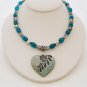 Teal Blue & Silver Necklace with Heart Pendant.  Check our store twodotts.ecrater.com