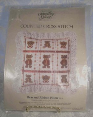 BEAR & RIBBON PILLOW COUNTED CROSS STITCH KIT *NEW* *SHIPS FREE*