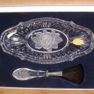 GENUINE LEAD CRYSTAL ROSE DRESSER TRAY W/BLUSH BRUSH