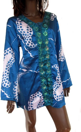 blue satin & sequin trim kaftan top Free size