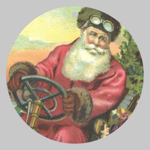 Victorian Style Santa Clause Porcelain Christmas Ornament - Santa at the Wheel - NEW