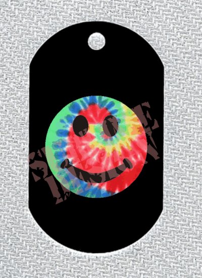 ALUMINUM DOG TAG With 30" CHAIN - Tie Dye Smiley Face - NEW