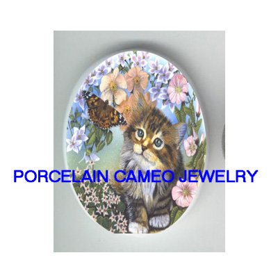 KITTY CAT CHASE BUTTERFLY FLOWER UNSET CAMEO PORCELAIN CABOCHON