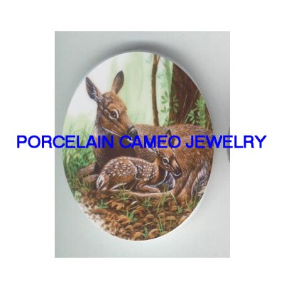 DEER CUDDLING FAWN UNSET CAMEO PORCELAIN CABOCHON