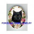GREEN EYE BLACK CAT ROSE UNSET PORCELAIN CAMEO CABOCHON