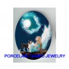 BOSTON TERRIER DOG ANGEL MOON  * UNSET CAMEO PORCELAIN CABOCHON