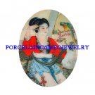 ORIENTAL GEISHA LADY WITH PARROT   * UNSET CAMEO PORCELAIN CABOCHON