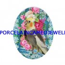 COCKATOO BIRD ROSE FORGET ME NOT UNSET CAMEO PORCELAIN 18X25MM