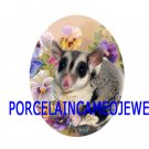 SUGAR GLIDER WITH COLORFUL PANSY  * UNSET CAMEO PORCELAIN CABOCHON