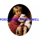 VICTORIAN GIRL HUGGING HER KITTY CAT * UNSET CAMEO PORCELAIN CABOCHON