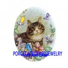 TABBY KITTY CAT PANSY BUTTERFLY UNSET PORCELAIN CAMEO