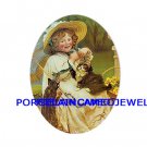 VICTORIAN GIRL WITH 2 KITTY CAT UNSET PORCELAIN CAMEO