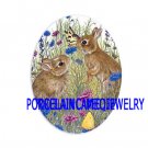 2 RABBIT BUNNY CHASING BUTTERFLY * UNSET CAMEO PORCELAIN CABOCHON