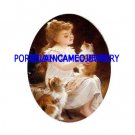 VICTORIAN GIRL WITH 2 KITTY CAT UNSET PORCELAIN CAMEO