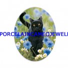 BLACK CAT WITH DAISY UNSET CAMEO PORCELAIN CABOCHON