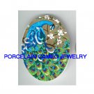 BLUE PEACOCK WITH DOGWOOD* UNSET CAMEO PORCELAIN CABOCHON