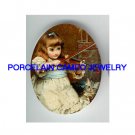 VICTORIAN GIRL PLAYING MUSIC VIOLIN TO KITTY CAT * UNSET CAMEO PORCELAIN CABOCHON
