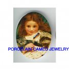 VICTORIAN GIRL PLAY KITTY CAT WITH FEATHER* UNSET CAMEO PORCELAIN CABOCHON