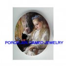 VICTORIAN GIRL PLAYING WITH BLACK KITTY CAT* UNSET CAMEO PORCELAIN CABOCHON