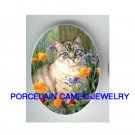 BLUE EYES GREY CAT WITH FLOWER UNSET CAMEO PORCELAIN CABOCHON