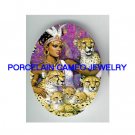 EGYPT QUEEN WITH LEOPARD WILD CAT FAMILY* UNSET CAMEO PORCELAIN CABOCHON