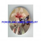 BUTTERFLY WITH PINK LILY FLOWER* UNSET CAMEO PORCELAIN CABOCHON