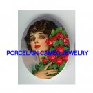 *ART DECO FLAPPER LADY WITH RED ROSE * UNSET CAMEO PORCELAIN CABOCHON