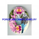 2 PARAKEET BUDGIE BIRD ORCHID CAMEO PORCELAIN 18X25MM CABOCHON
