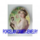 VICTORIAN LADY HOLDING KITTY CAT ROSE  * UNSET CAMEO PORCELAIN CABOCHON