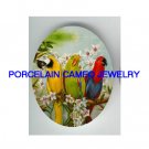 3 MACAW PARROT BIRD COLLAGE WITH ORCHID FLOWER * UNSET CAMEO PORCELAIN CABO 18X25MM