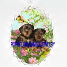 2 YORKSHIRE TERRIER PUPPY DOG CHERRY BLOSSOMS BUTTERFLY *  CAMEO PORCELAIN NECKLACE