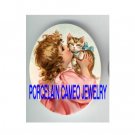 VICTORIAN PINK DRESS GIRL KISSING KITTY CAT * UNSET CAMEO PORCELAIN CABOCHON