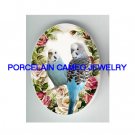 2 PARAKEET BUDGIE BIRD WITH PINK ROSE * UNSET CAMEO PORCELAIN CABOCHON