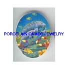 3 MANATEE FAMILY MOM KISSING BABY OCEAN FISH * UNSET CAMEO PORCELAIN CABOCHON