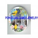2 BLACK WHITE KITTY CAT WATCHING WINDOW BIRD ROSE * UNSET CAMEO PORCELAIN CABOCHON