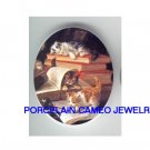 VICTORIAN KITTY CAT READ BOOK WRITE LETTER* UNSET CAMEO PORCELAIN CABOCHON