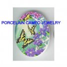 BUTTERFLY  WITH PURPLE FLOWER GARDEN* UNSET CAMEO PORCELAIN CABOCHON