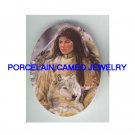 INDIAN WOMAN WITH WOLF SNOW FOREST * UNSET CAMEO PORCELAIN CABOCHON