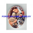 INDIAN PRINCESS WITH WOLF* UNSET CAMEO PORCELAIN CABOCHON
