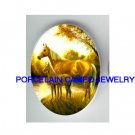 MARE AND COLT HORSE NEAR LAKE* UNSET CAMEO PORCELAIN CABOCHON