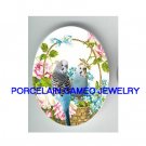 2 PARAKEET BUDGIE ROSE FIRGET ME NOT BASKET CAMEO PORCELAIN CAB 30X40MM