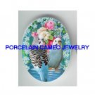 2 PARAKEET BUDGIE BIRD FORGET ME NOT ROSE* UNSET CAMEO PORCELAIN CABOCHON 30X40MM