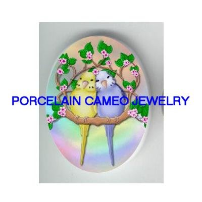 2 BABY PARAKEET BUDGIE FLOWER CAMEO PORCELAIN CAB 18X25
