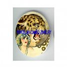 ART DECO LADY LEOPARD WILD CAT* UNSET CAMEO PORCELAIN CABOCHON