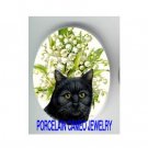 BLACK CAT WITH LILY OF THE VALLEY* UNSET CAMEO PORCELAIN CABOCHON